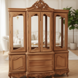 Lemari Pajangan Kaca Ukir Klasik 4 Pintu Kayu Solid