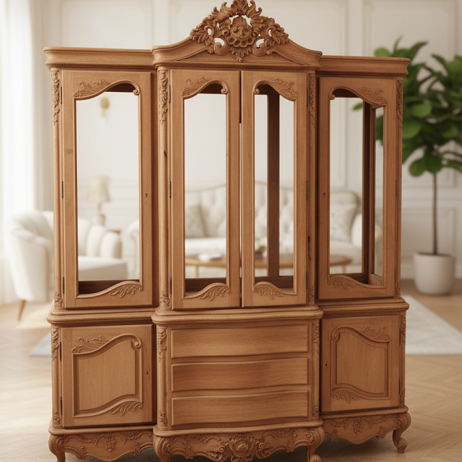 Lemari Pajangan Kaca Ukir Klasik 4 Pintu Kayu Solid