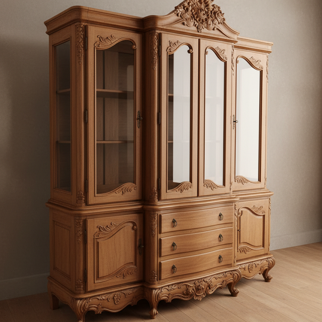 Lemari Pajangan Kaca Ukir Klasik 4 Pintu Kayu Solid Premium