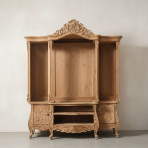 Lemari Display Ukir Klasik 3 Panel Kayu Solid dengan Rak Tengah