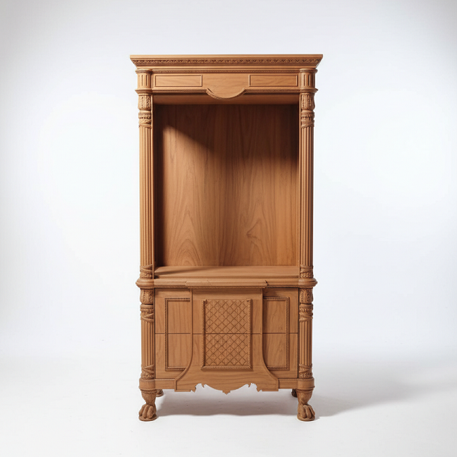 Lemari Display Klasik Kayu Solid dengan Rak Terbuka & Kabinet Bawah