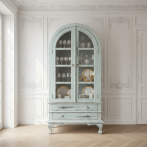 Lemari Display Kayu Vintage Kaca Lengkung Pastel