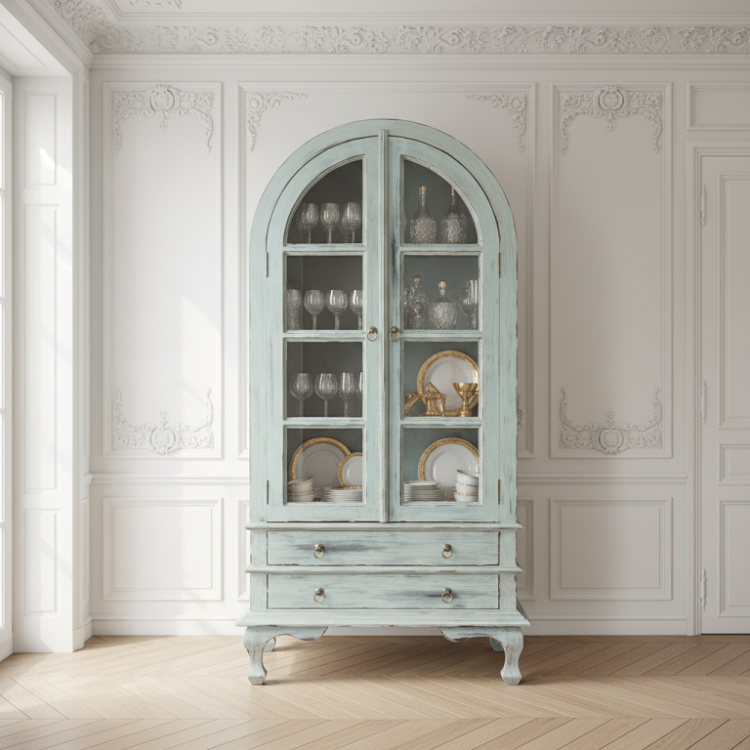 Lemari Display Kayu Vintage Kaca Lengkung Pastel