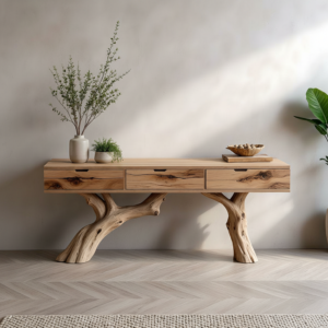 Meja Konsol Kayu Solid Akar dengan Laci Natural