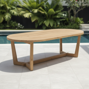 Meja Outdoor Kayu Minimalis Oval Natural