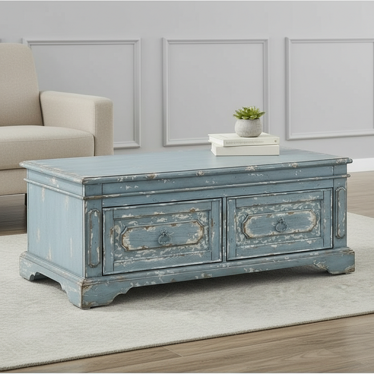 Meja Kopi Vintage Blue Rustic 2 Laci
