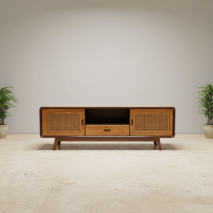 Meja TV Kayu Minimalis Rotan Sliding Door