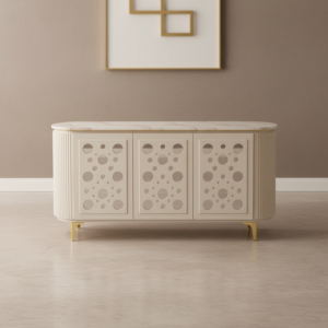 Bufet TV Minimalis Oval Putih Motif Geometris