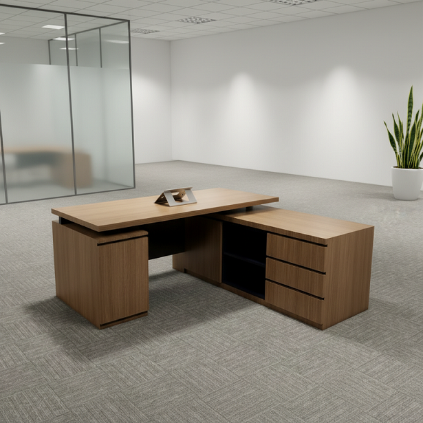 Meja Kantor Eksekutif Kayu L-Shape dengan Storage